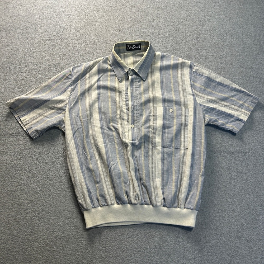 Alan Stuart Banded Bottom Shirt Mens Large Blue Plaid Short Sleeve Button Down